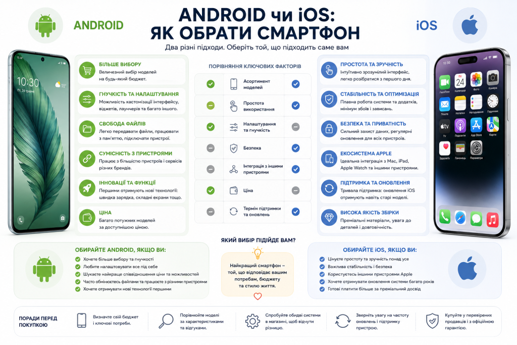 Інфографіка з порівнянням Android та iOS за функціями, безпекою, ціною, зручністю та підтримкою