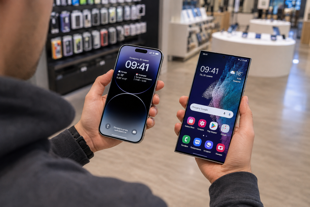 Покупець у магазині порівнює смартфон Android та iPhone перед вибором нового телефону