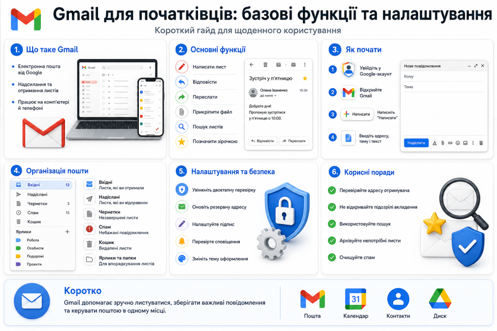 Інфографіка про базові функції Gmail, організацію пошти, створення листів, налаштування та безпеку