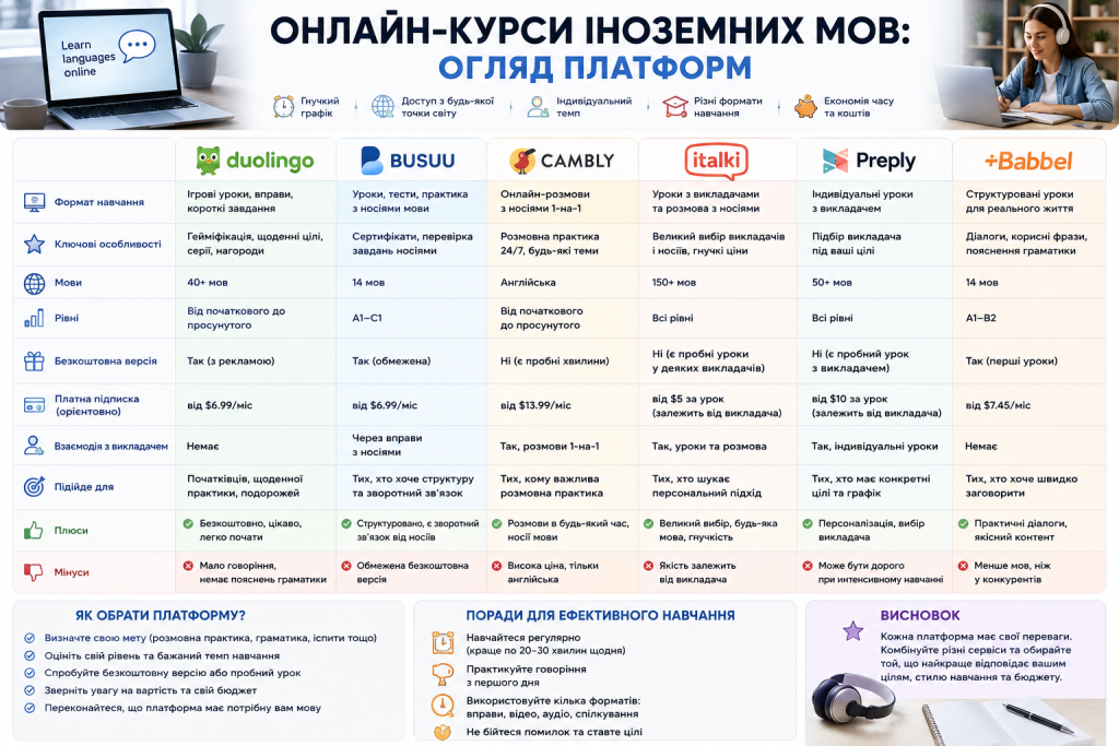 Порівняльна таблиця онлайн-платформ для вивчення іноземних мов Duolingo, Busuu, Cambly, italki, Preply та Babbel
