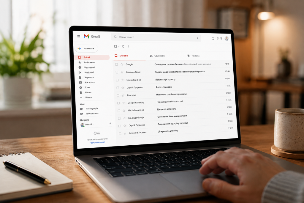 Відкрита поштова скринька Gmail на ноутбуці з вхідними листами та основними папками електронної пошти