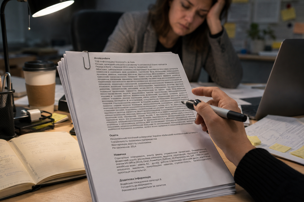 Роботодавець уважно перевіряє резюме кандидата та оцінює досвід, освіту й професійні навички