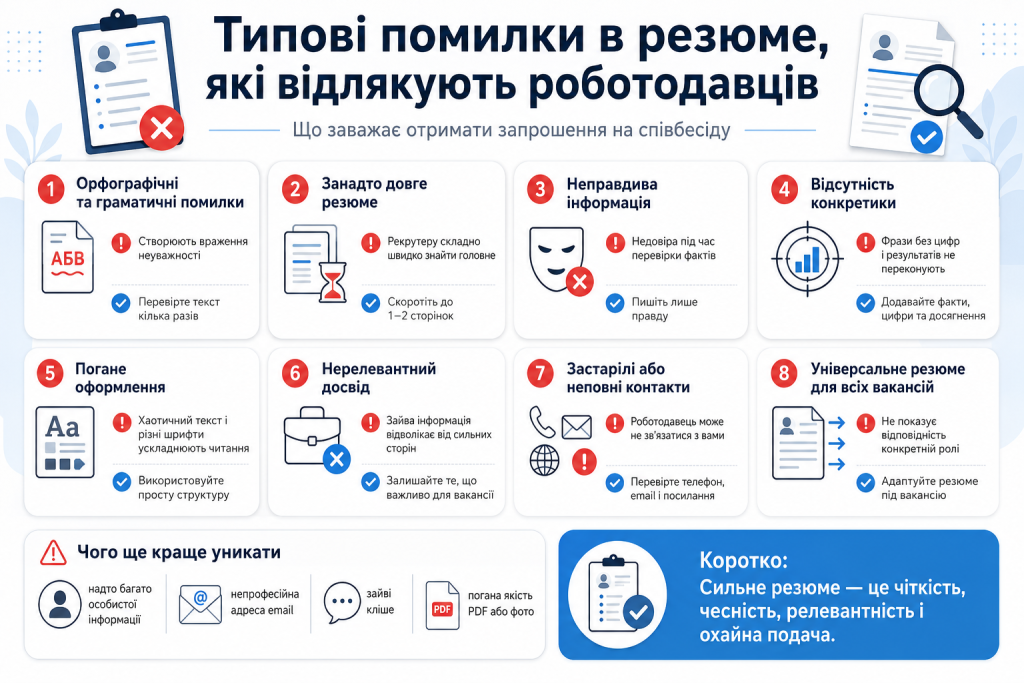 Інфографіка про типові помилки в резюме, через які кандидат може не отримати запрошення на співбесіду