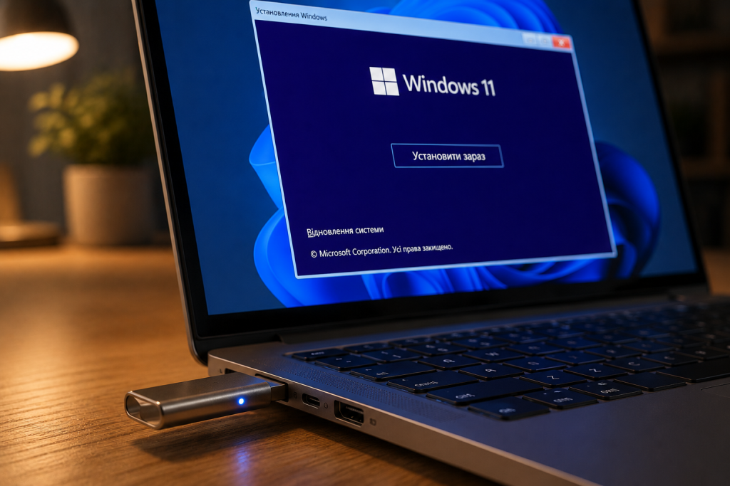 Ноутбук із відкритим вікном встановлення Windows 11 та підключеною USB-флешкою