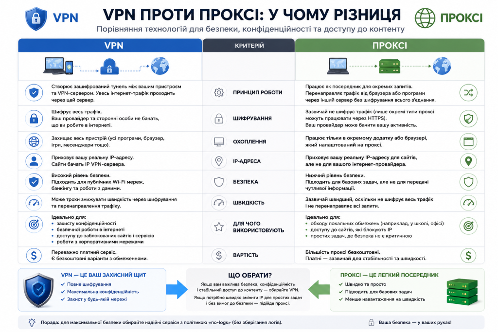 Інфографіка з порівнянням VPN і проксі за шифруванням, безпекою, швидкістю та принципом роботи