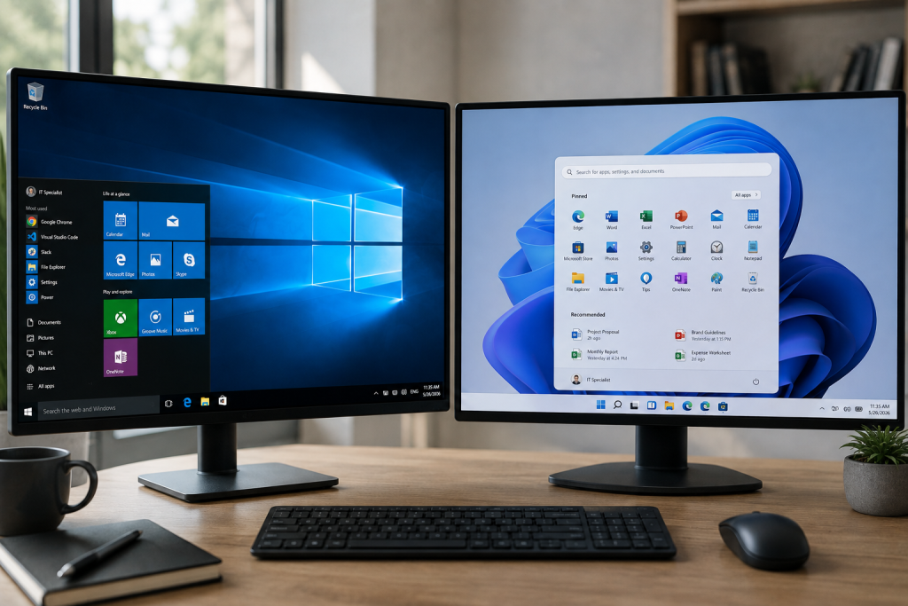 Два монітори з інтерфейсами Windows 10 та Windows 11 для наочного порівняння операційних систем