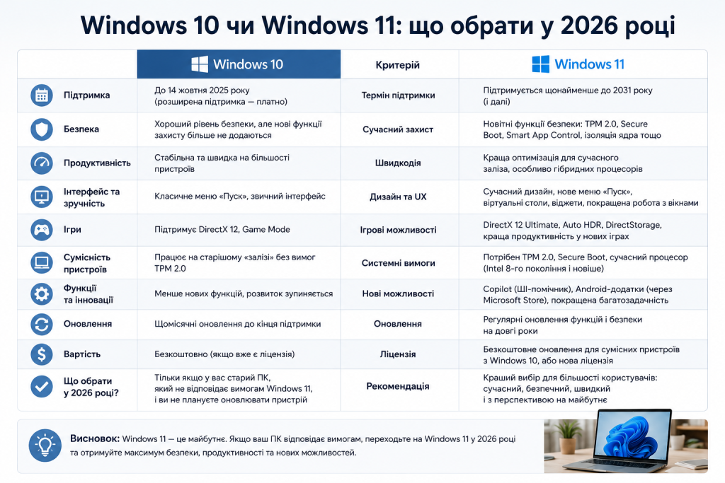 Таблиця порівняння Windows 10 і Windows 11 за безпекою, швидкодією, функціями та підтримкою у 2026 році