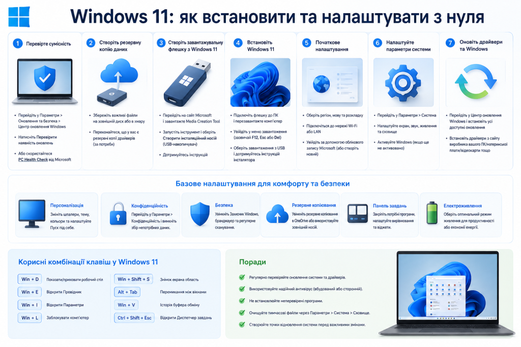 Інфографіка з покроковою інструкцією зі встановлення та початкового налаштування Windows 11