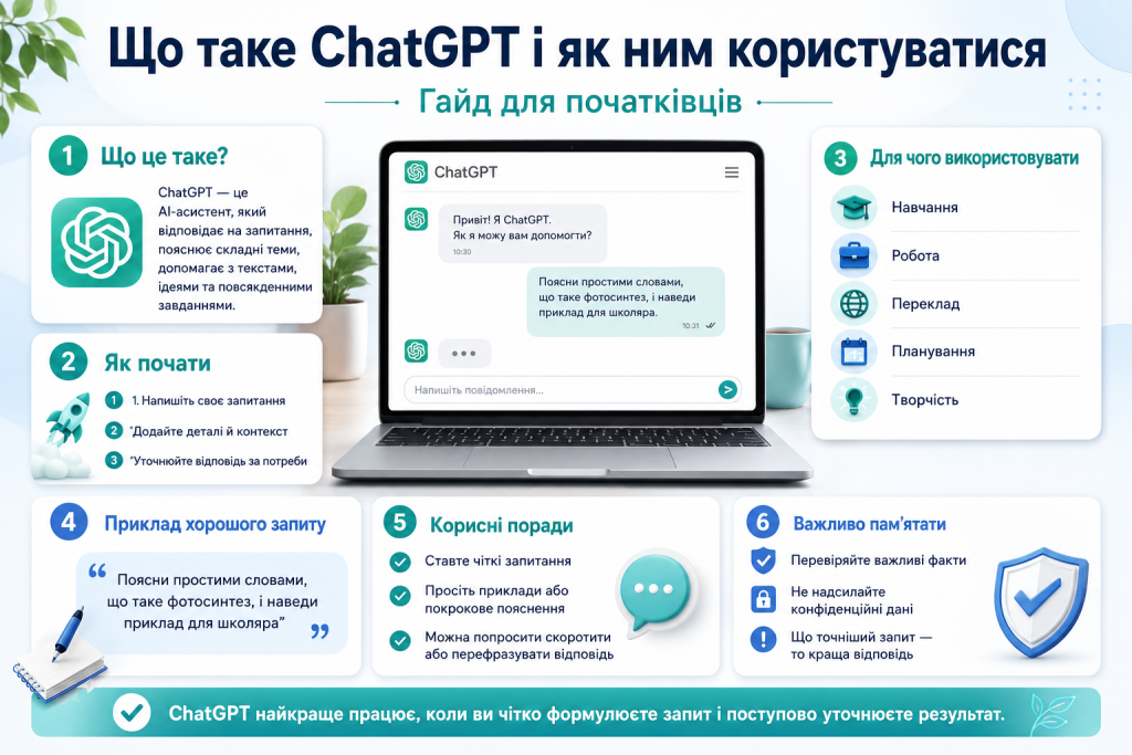 Інфографіка для початківців про те, що таке ChatGPT, як ним користуватися та для яких завдань він підходить