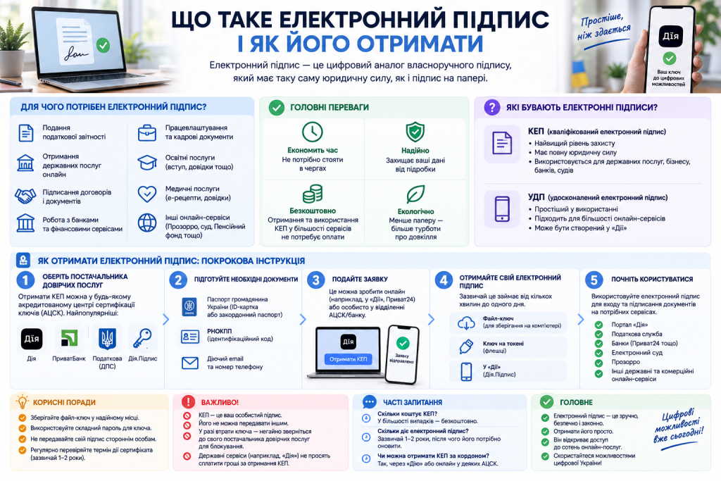 Інфографіка про електронний підпис, його види, переваги та способи отримання КЕП і Дія.Підпису