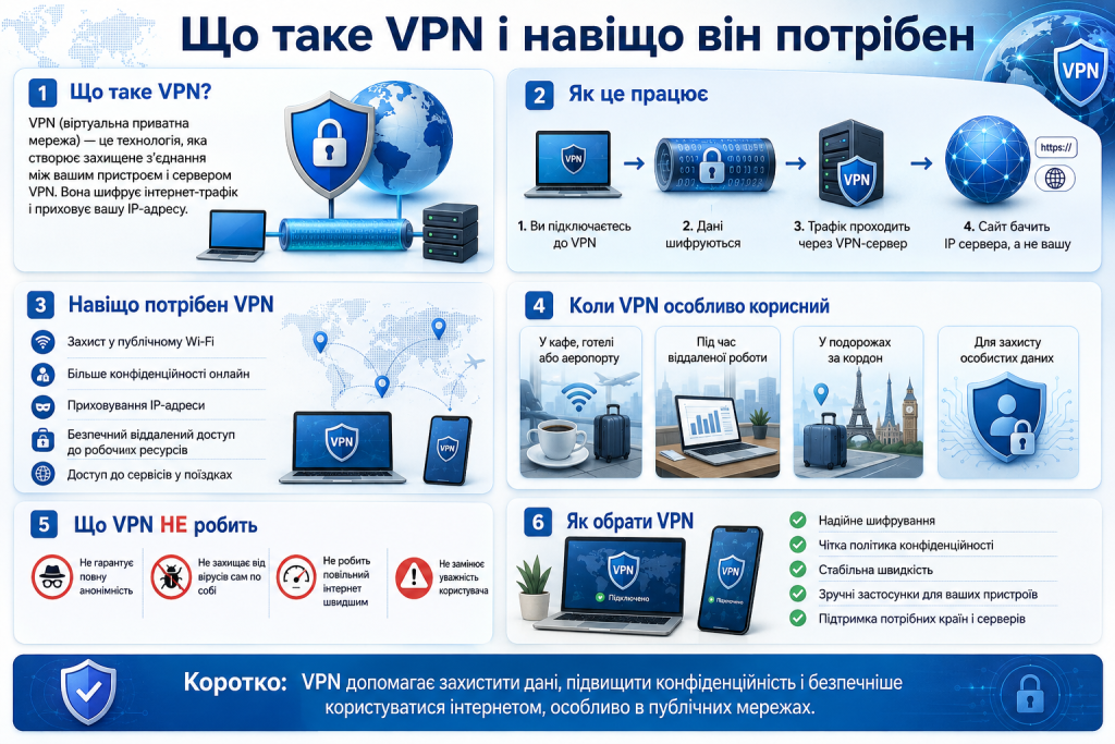 Інфографіка про принцип роботи VPN, захист даних, приховування IP-адреси та безпечне користування інтернетом