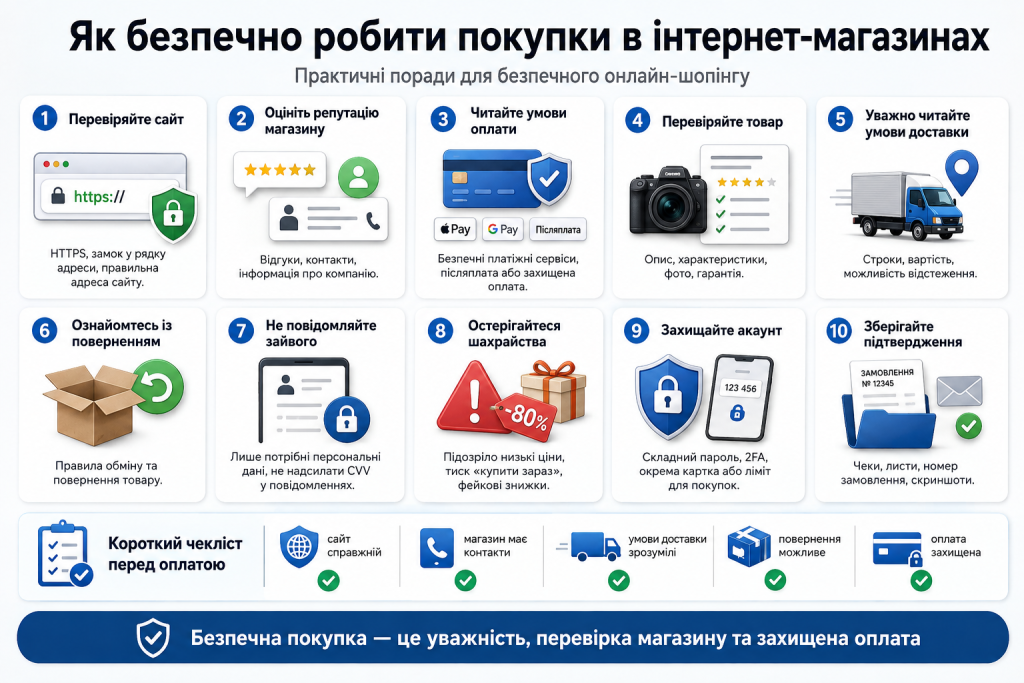 Інфографіка з порадами щодо безпечних покупок в інтернет-магазинах, перевірки сайту, оплати та доставки