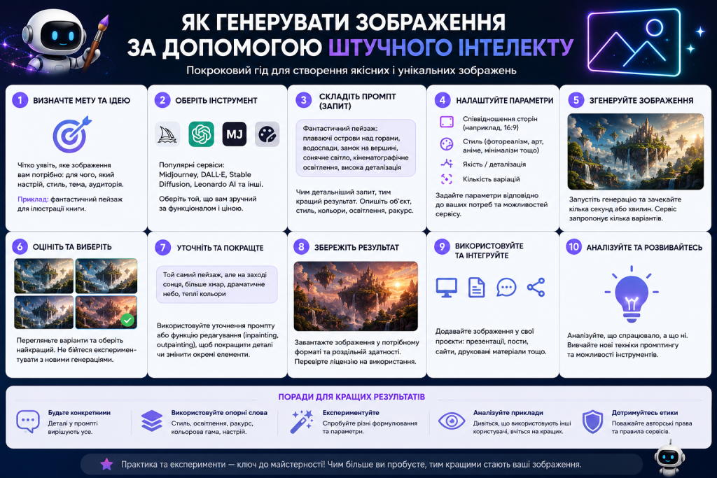 Покрокова інфографіка про створення зображень за допомогою штучного інтелекту та написання промптів