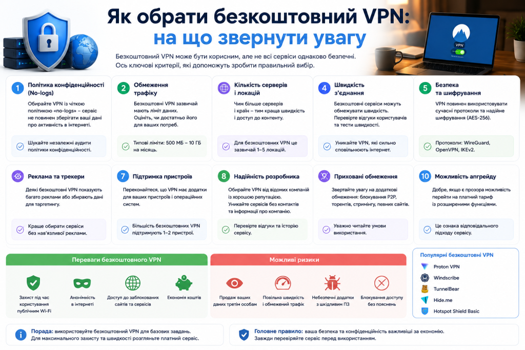 Інфографіка з основними критеріями вибору безкоштовного VPN, включно з безпекою, швидкістю та політикою конфіденційності