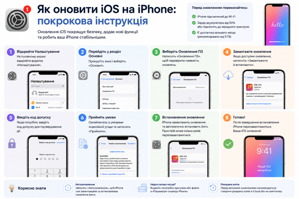 Інфографіка з покроковою інструкцією, як завантажити та встановити оновлення iOS на iPhone