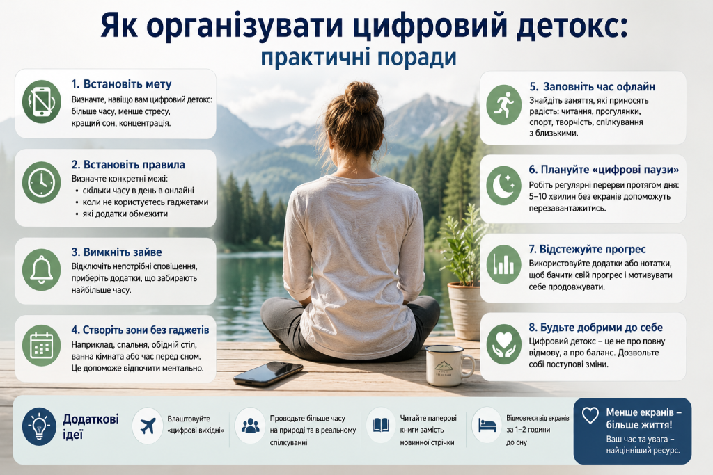 Інфографіка з практичними порадами для цифрового детоксу, зменшення часу перед екраном і відпочинку від гаджетів