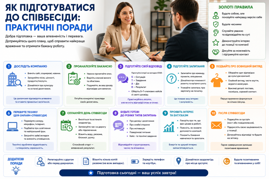 Інфографіка з практичними порадами щодо підготовки до співбесіди, відповідей на запитання та поведінки з роботодавцем