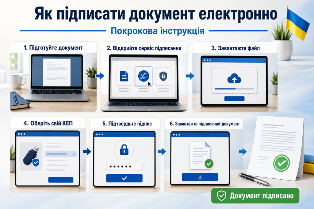 Інфографіка з покроковою інструкцією електронного підписання документа за допомогою КЕП