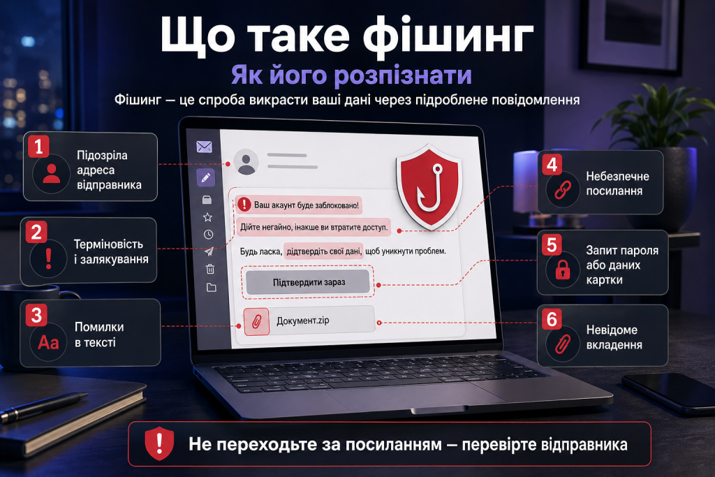 Інфографіка про фішинг з основними ознаками шахрайських повідомлень, небезпечних посилань і підозрілих вкладень