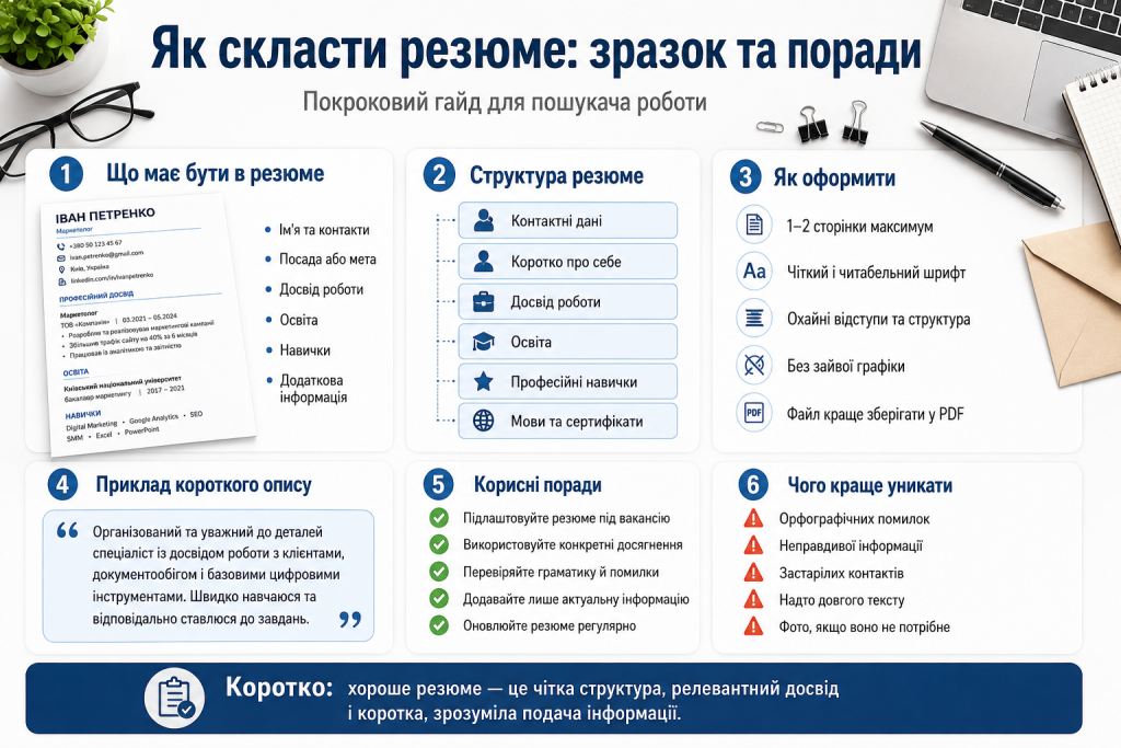 Інфографіка про структуру резюме, оформлення, основні розділи та поради для пошуку роботи