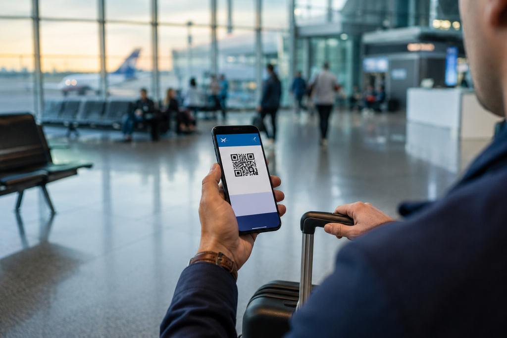 Пасажир в аеропорту тримає смартфон з електронним квитком і QR-кодом поруч із валізою перед посадкою на літак