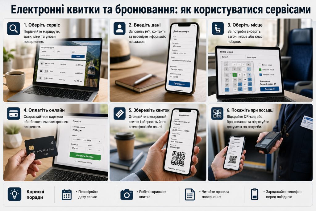 Інфографіка про купівлю електронних квитків: вибір рейсу, введення даних, вибір місця, оплата, QR-код і посадка