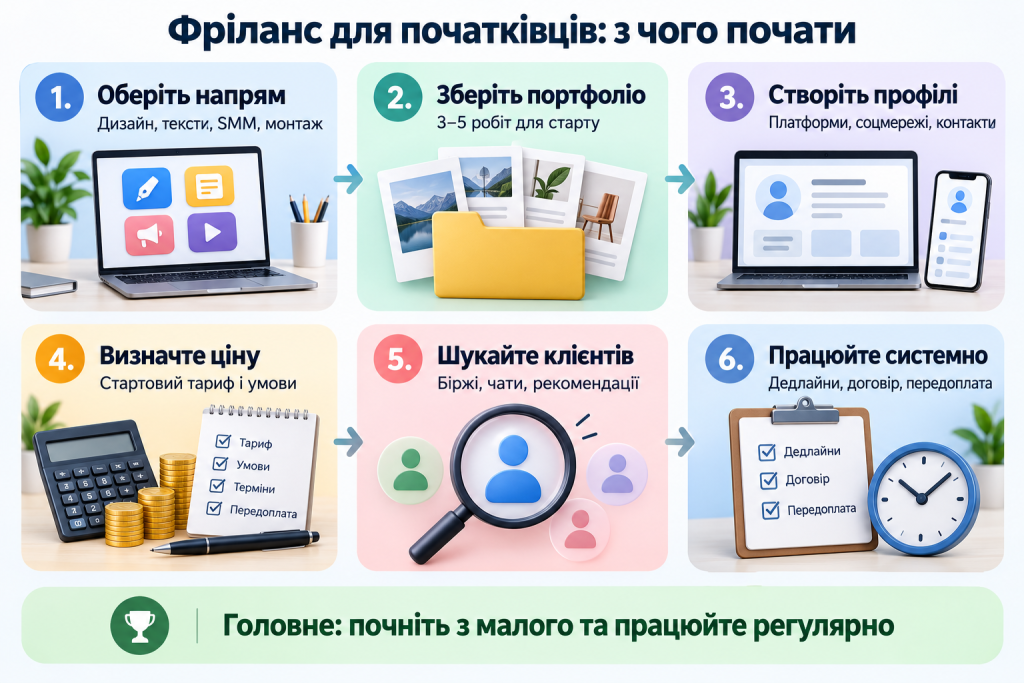 Інфографіка для початківців про старт у фрілансі: вибір напряму, портфоліо, пошук клієнтів, ціни та організація роботи.