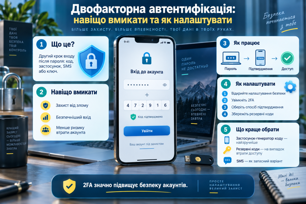 Інфографіка про двофакторну автентифікацію, принцип роботи 2FA, способи підтвердження входу та захист облікового запису
