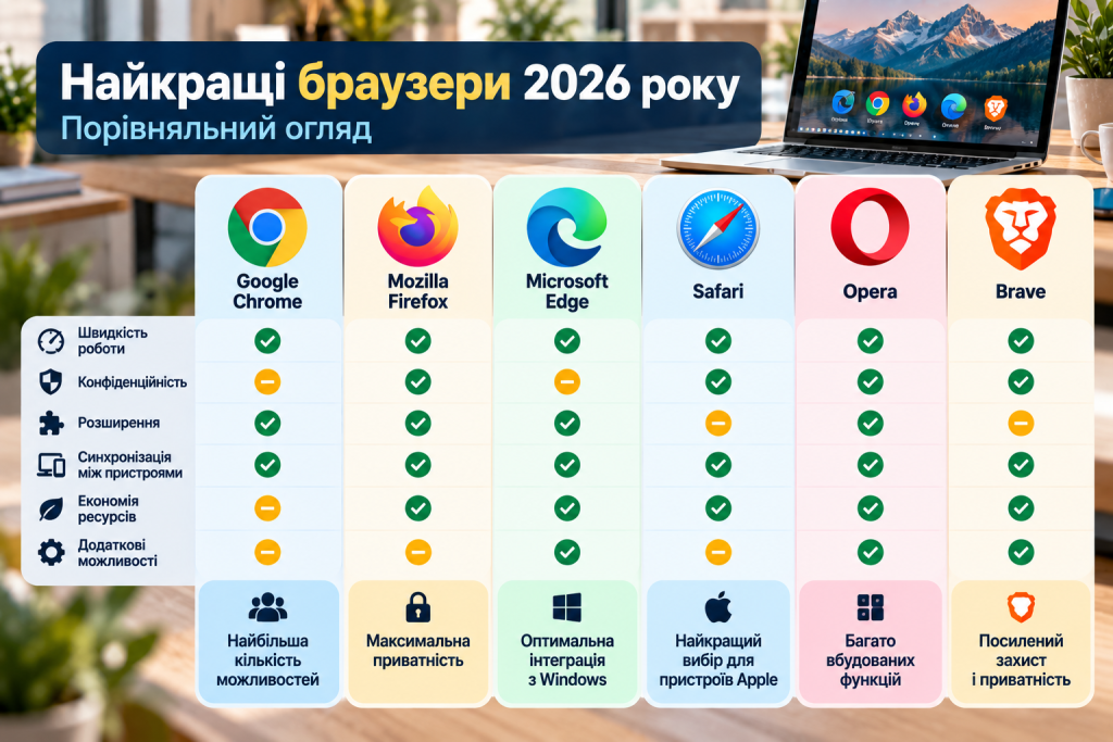 Порівняльна таблиця популярних браузерів Google Chrome, Mozilla Firefox, Microsoft Edge, Safari, Opera та Brave за швидкістю, конфіденційністю, розширеннями й додатковими функціями.