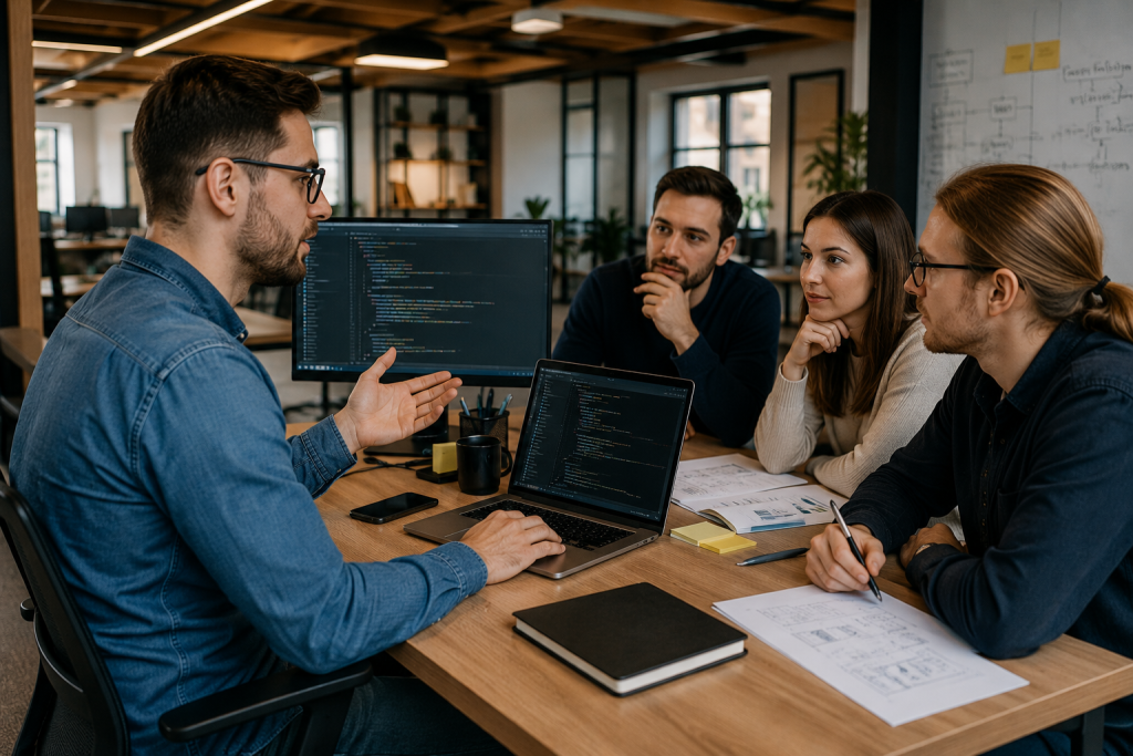 IT-фахівець демонструє технічну роботу на ноутбуці та обговорює проєкт із колегами під час командної зустрічі