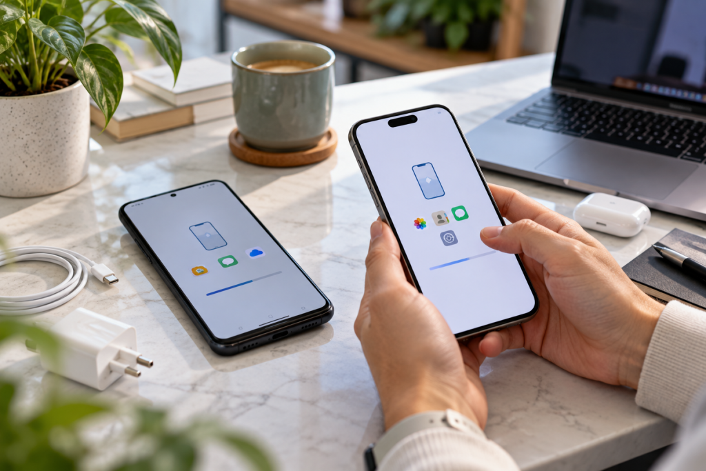 Користувач переносить дані зі старого Android-смартфона на новий телефон за допомогою функції синхронізації та резервної копії.