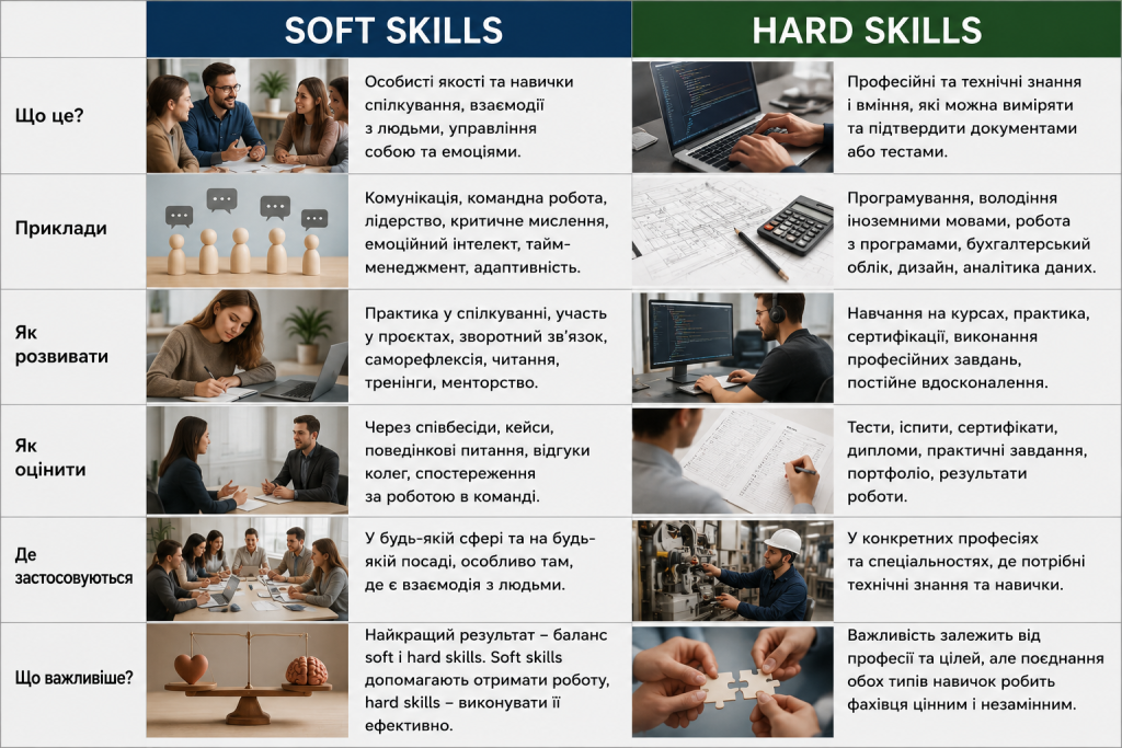 Порівняльна таблиця soft skills і hard skills з прикладами, способами розвитку, оцінювання та сферами застосування