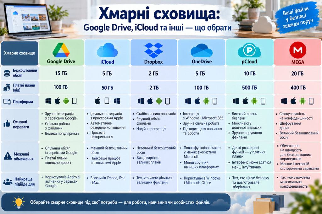 Порівняльна таблиця популярних хмарних сховищ Google Drive, iCloud, Dropbox, OneDrive, pCloud та MEGA