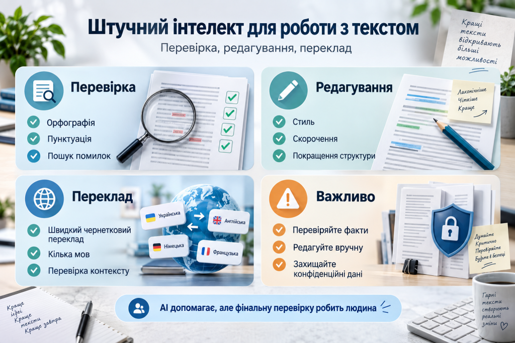 Інфографіка про використання штучного інтелекту для перевірки, редагування та перекладу текстів із нагадуванням про ручну перевірку.