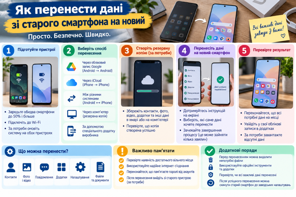 Інфографіка з покроковою інструкцією перенесення контактів, фото, відео, додатків, файлів і налаштувань зі старого смартфона на новий.