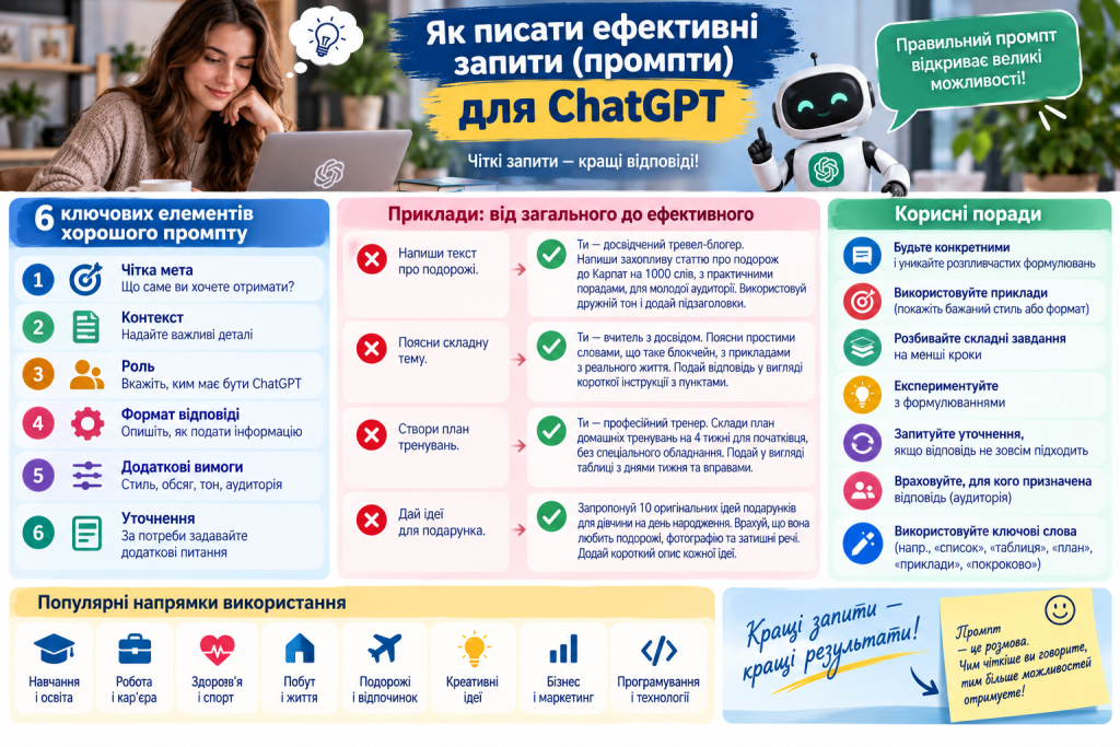 Інфографіка про створення ефективних запитів для ChatGPT із прикладами правильної постановки мети, контексту, ролі, формату та вимог.